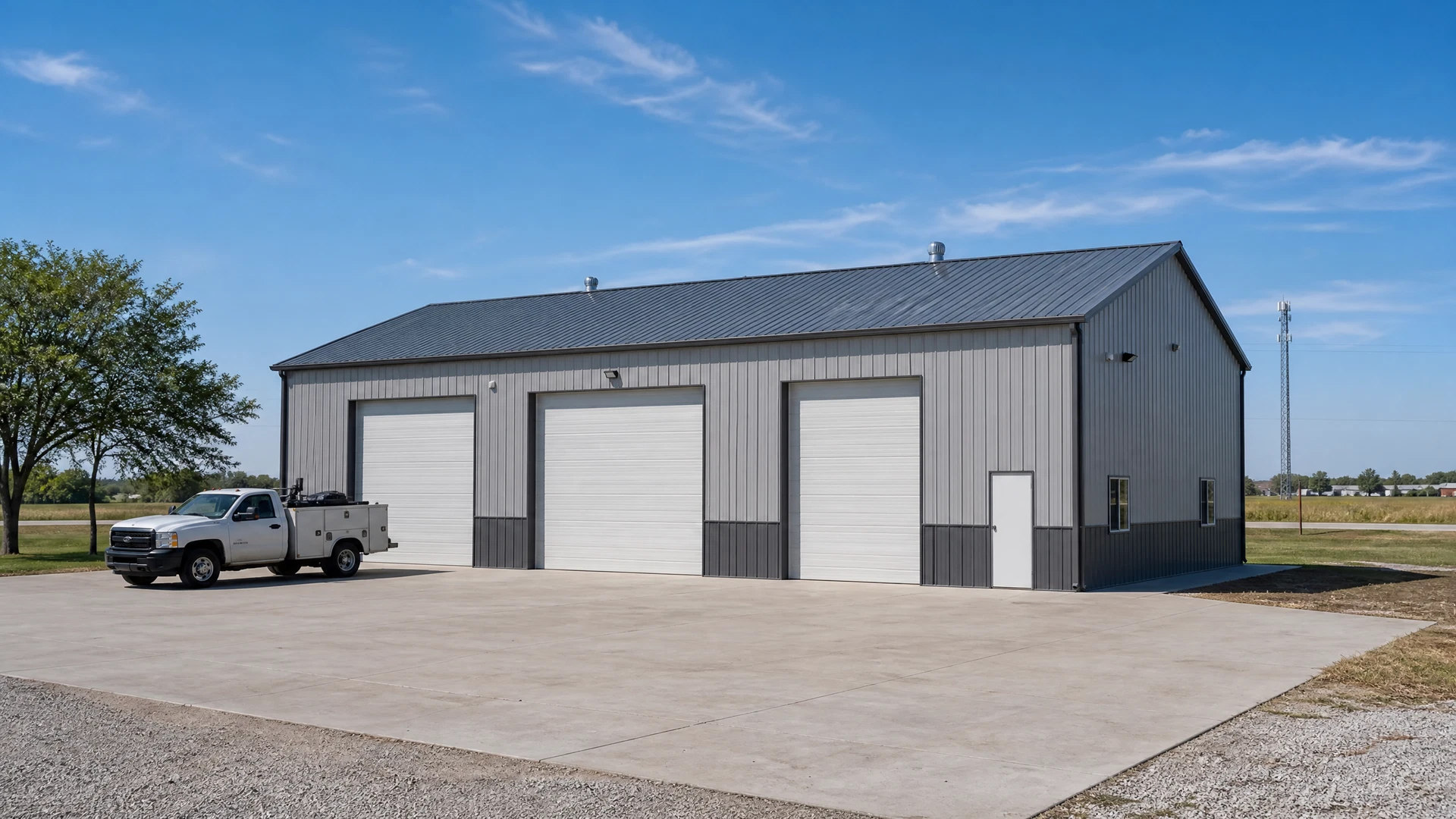 Commercial post-frame service building with drive-through bays