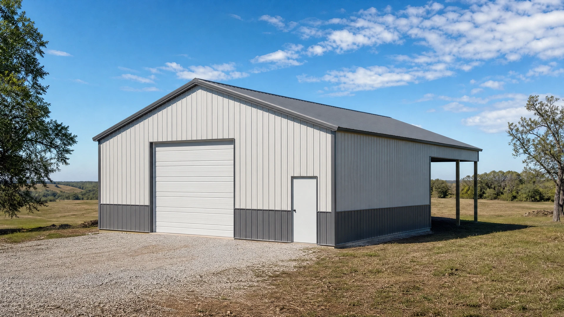 Post-frame shop with covered storage near Broken Arrow, Oklahoma