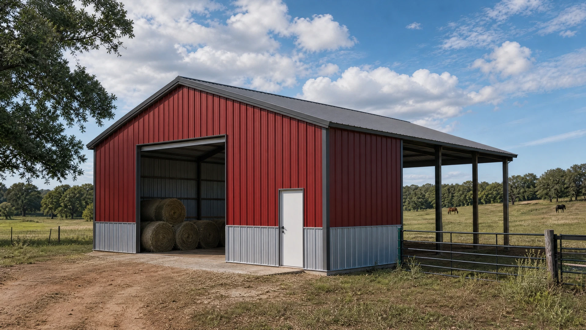 Open-sided post-frame livestock barn beside an Oklahoma pasture
